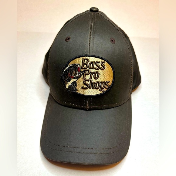 Bass Pro Shops Faux Leather Brown Gold Logo Snapback Cap Hat Hook & Loop Closure - Picture 1 of 10